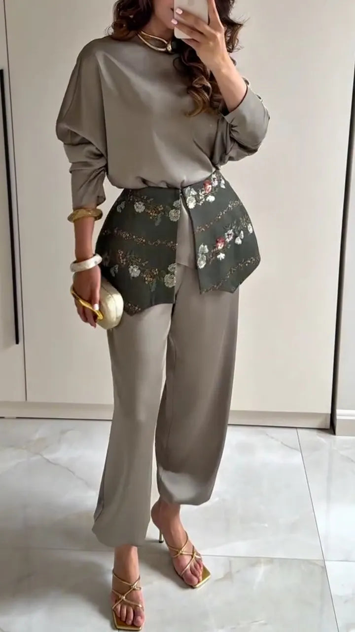 Satin Blouse With Embroidered Waistcoat & Trousers Set