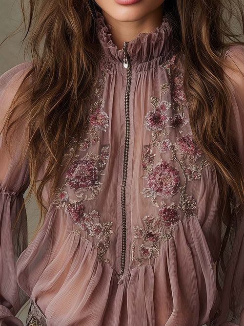 Bohemian Elegance Sheer Embroidered Zip-Front Chiffon Blouse