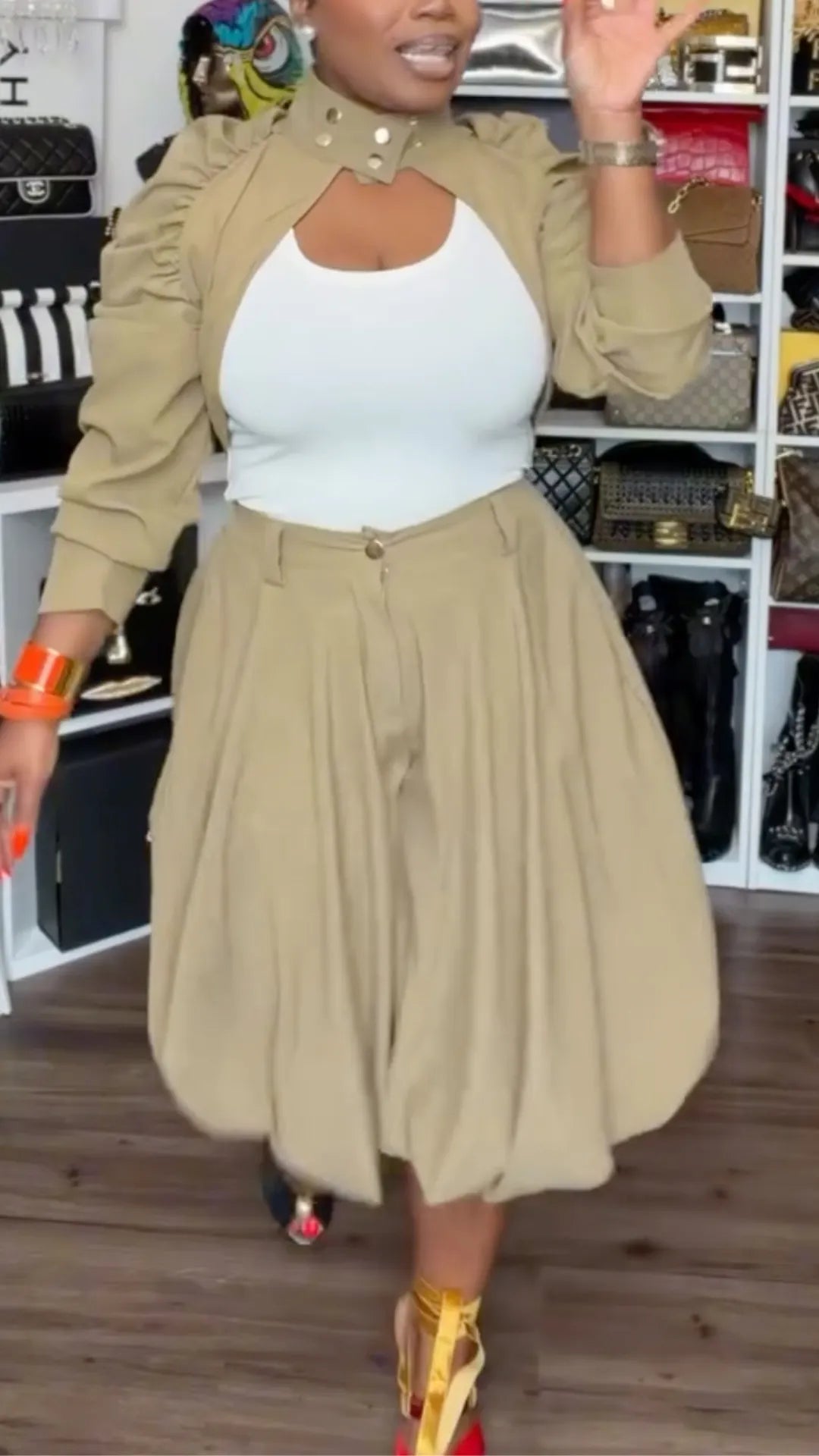 Khaki Gold Stud Collar Shrug & Bubble Midi Skirt Matching Set