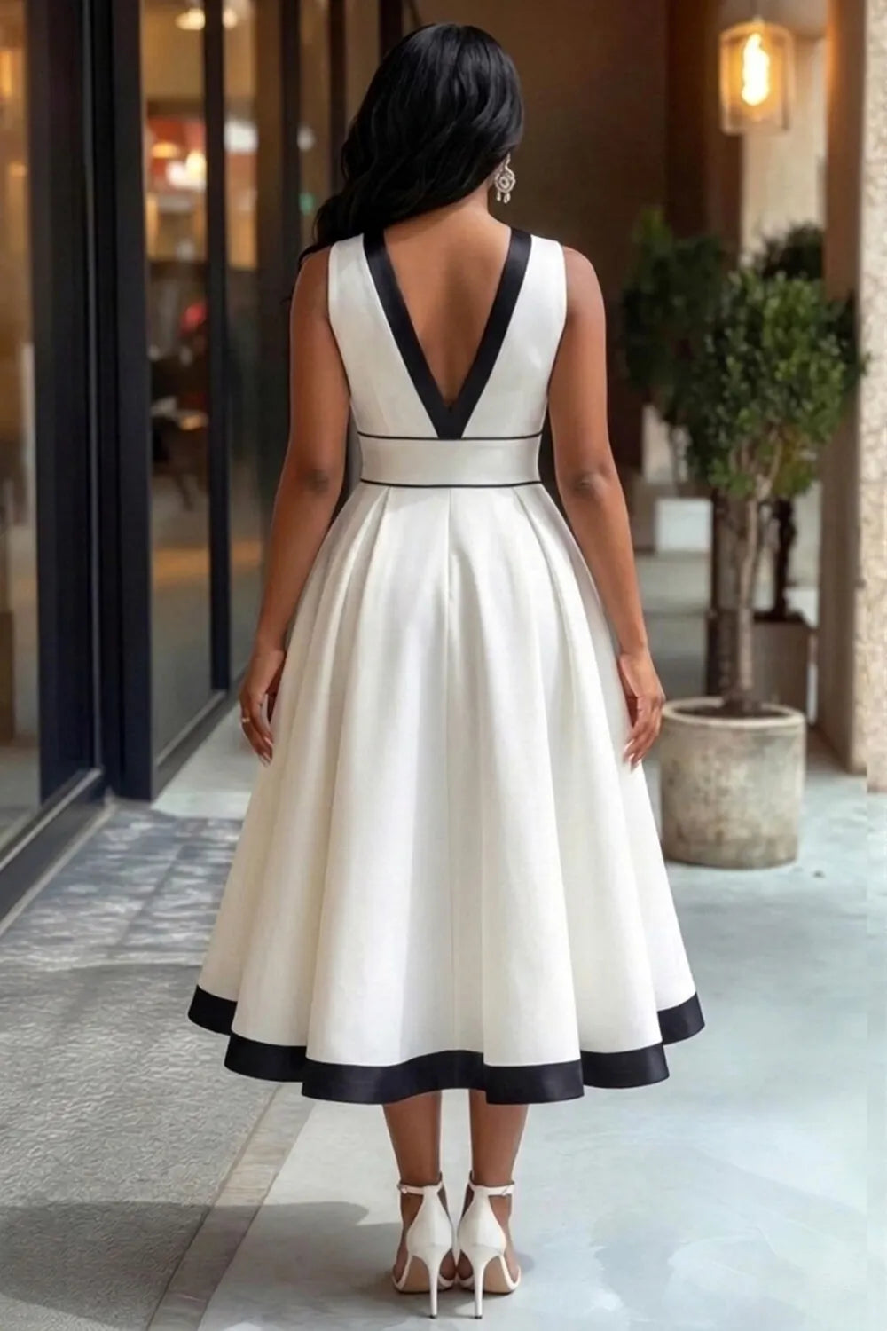 Deep V Neck Sleeveless Colorblock Bouffant Midi Dresses-White