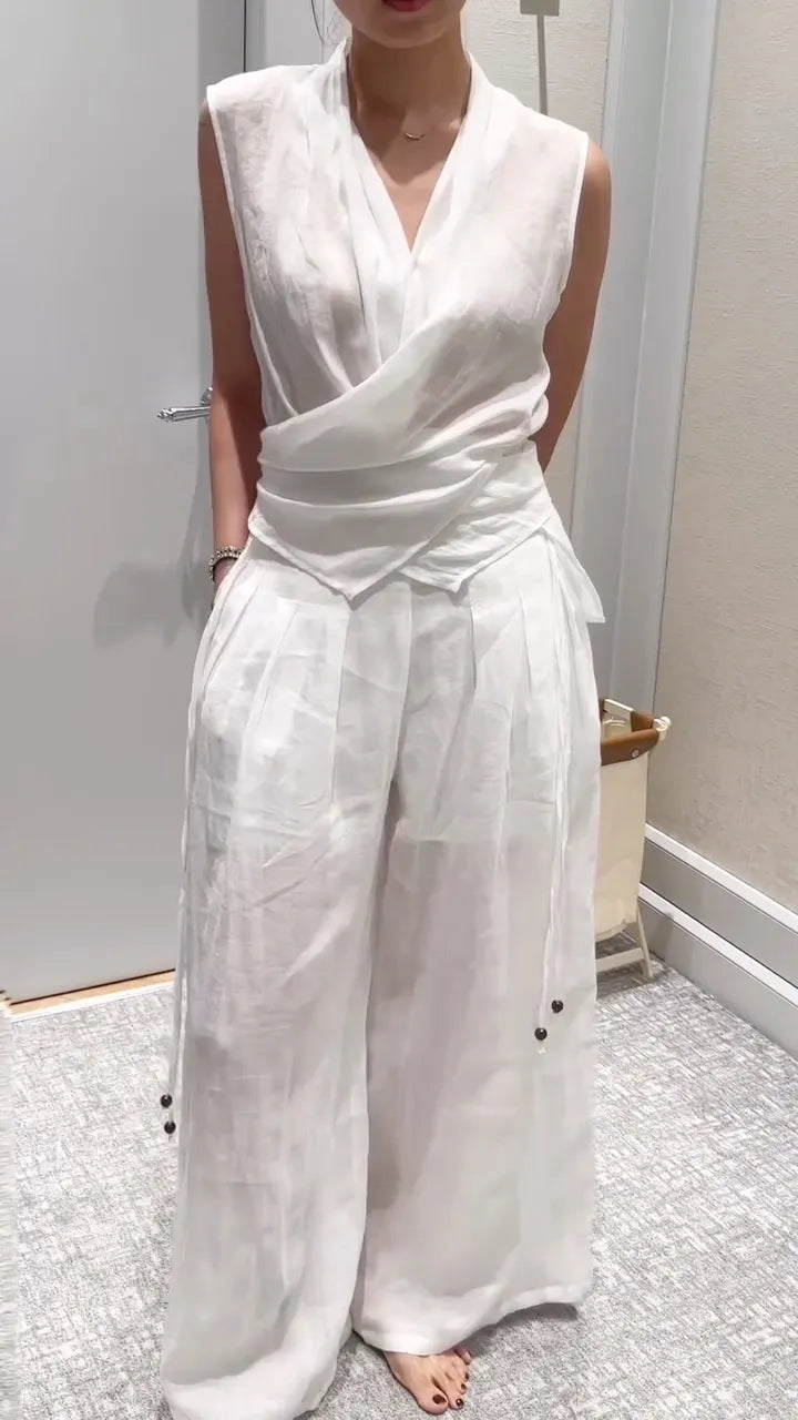 White Wrap Tie Sleeveless Linen Two‑Piece Set