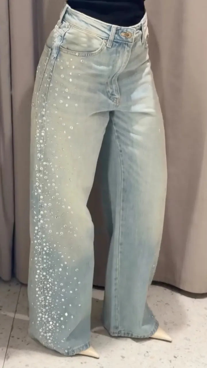 Light Wash Gradient Rhinestone Wide Leg Jeans