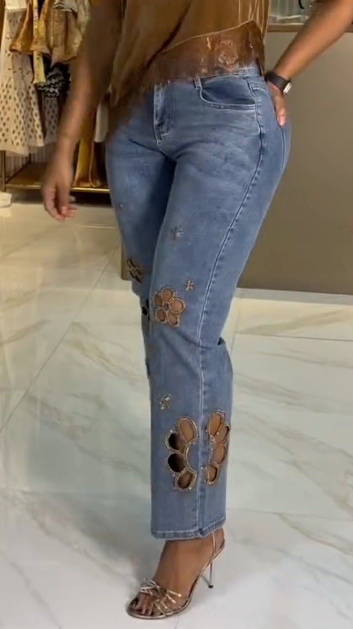 Cutwork Rhinestone Embellished Flare Jeans