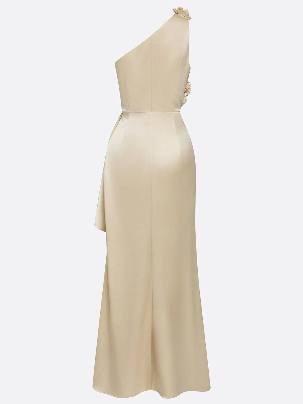 Champagne 3D Floral Ruched Satin One Shoulder Sleeveless Sheath Floor-length Gown Dress