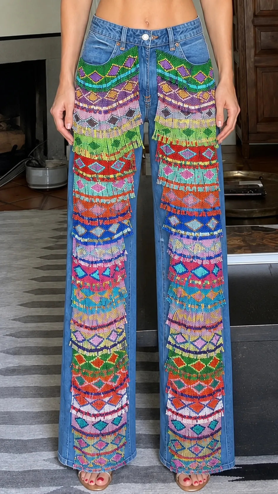 Colorful Geometric Fringe Wide Leg Jeans