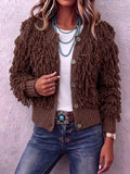 Fringe Trim Single‑breasted Relaxed Knit Cardigan