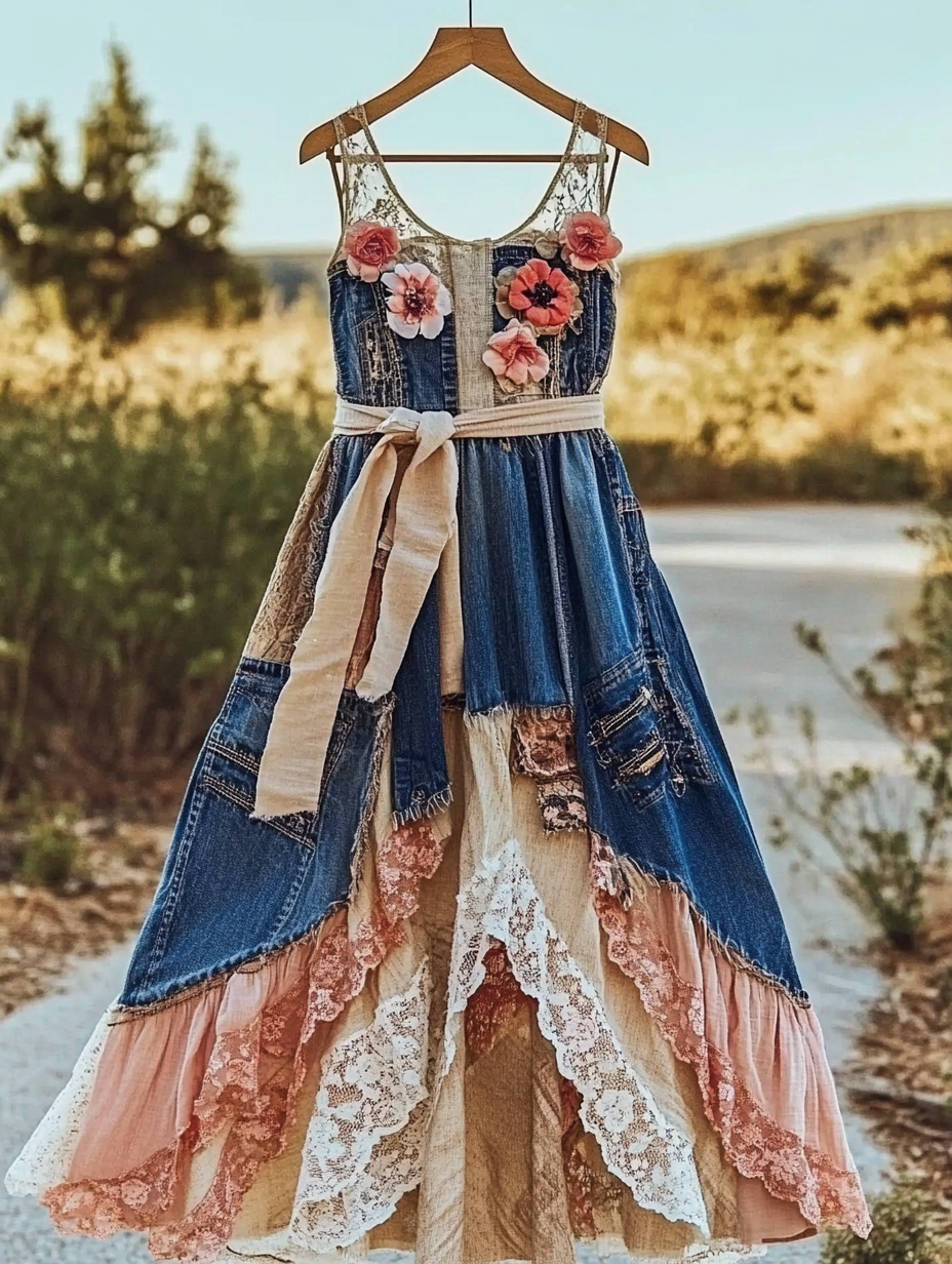 Summer Handmade Lace Denim Patchwork Dress 57e4