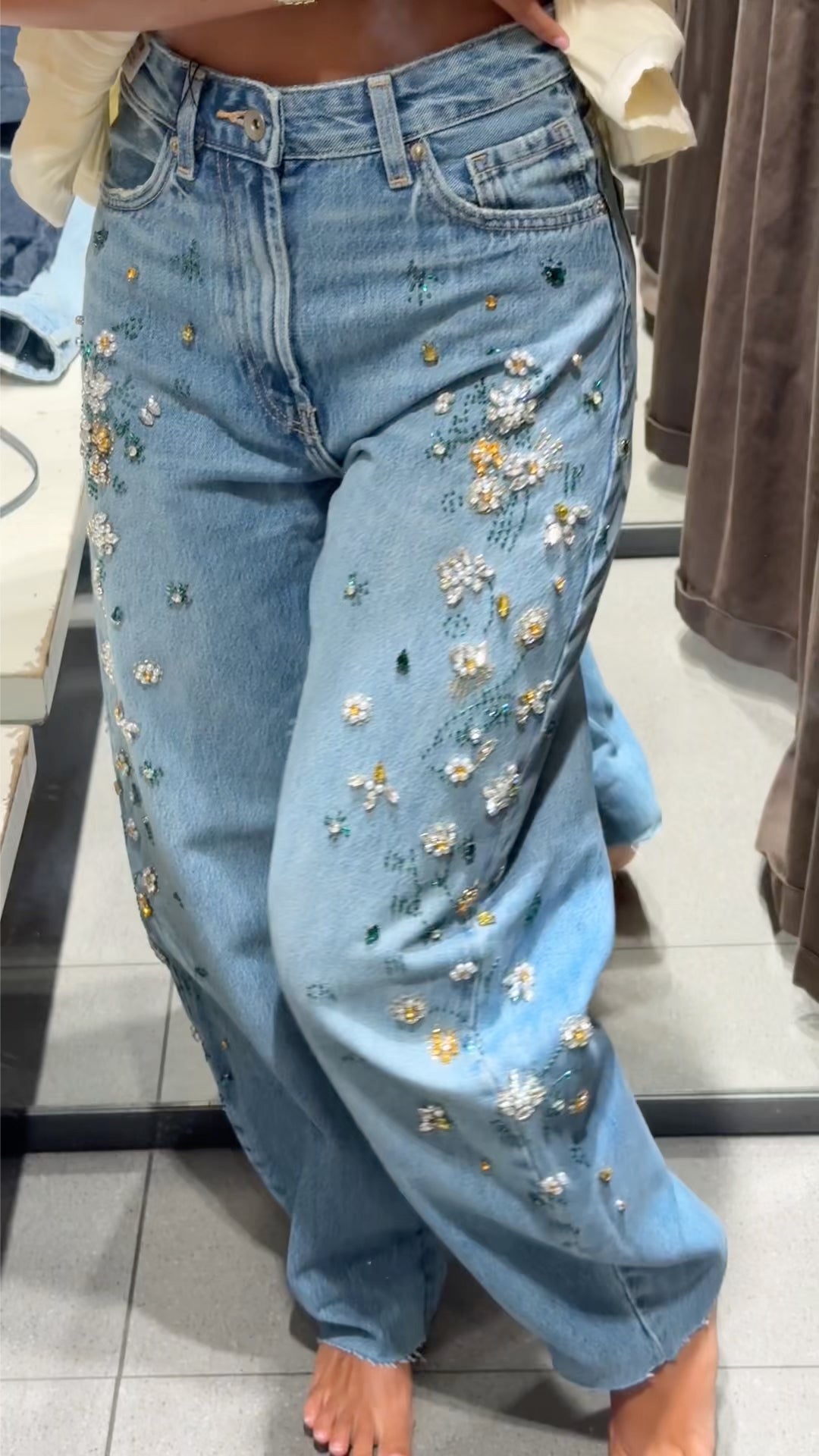 Floral Beaded Rhinestone Straight Leg Jeans