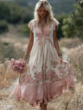 Boho Pink Floral Embroidered Lace Trim Flowy Linen Maxi Dress