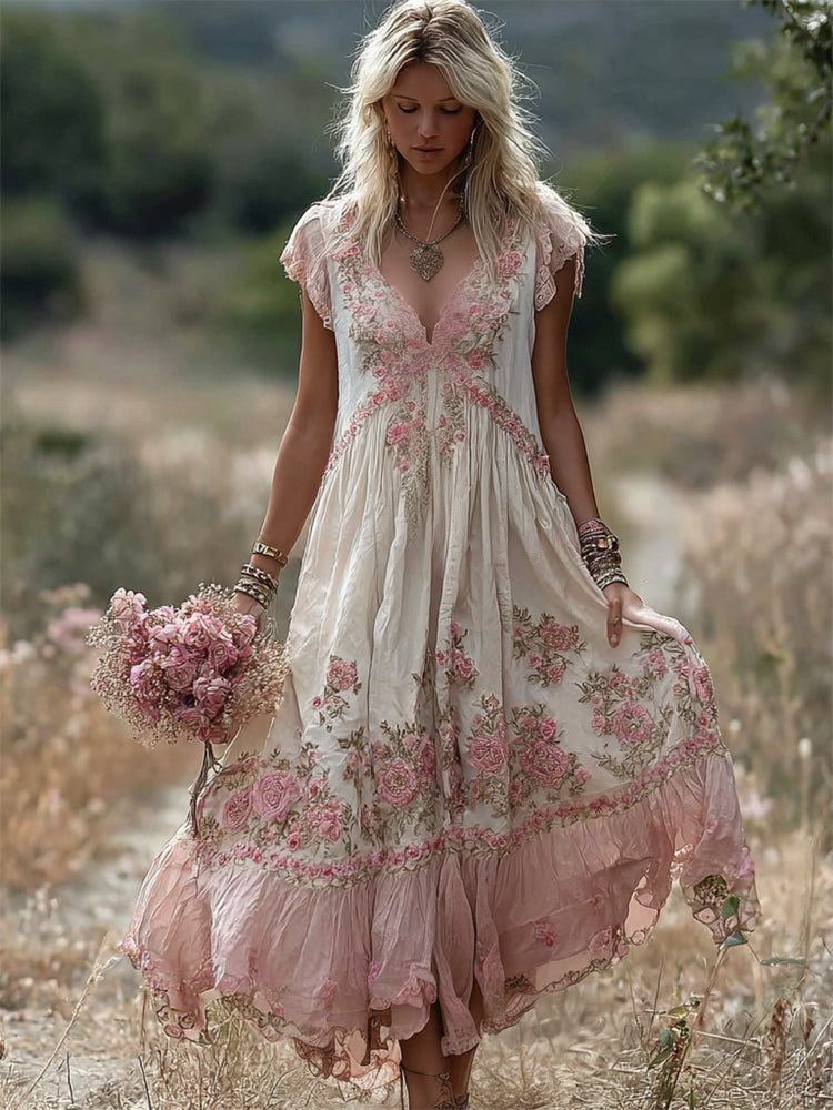 Boho Pink Floral Embroidered Lace Trim Flowy Linen Maxi Dress