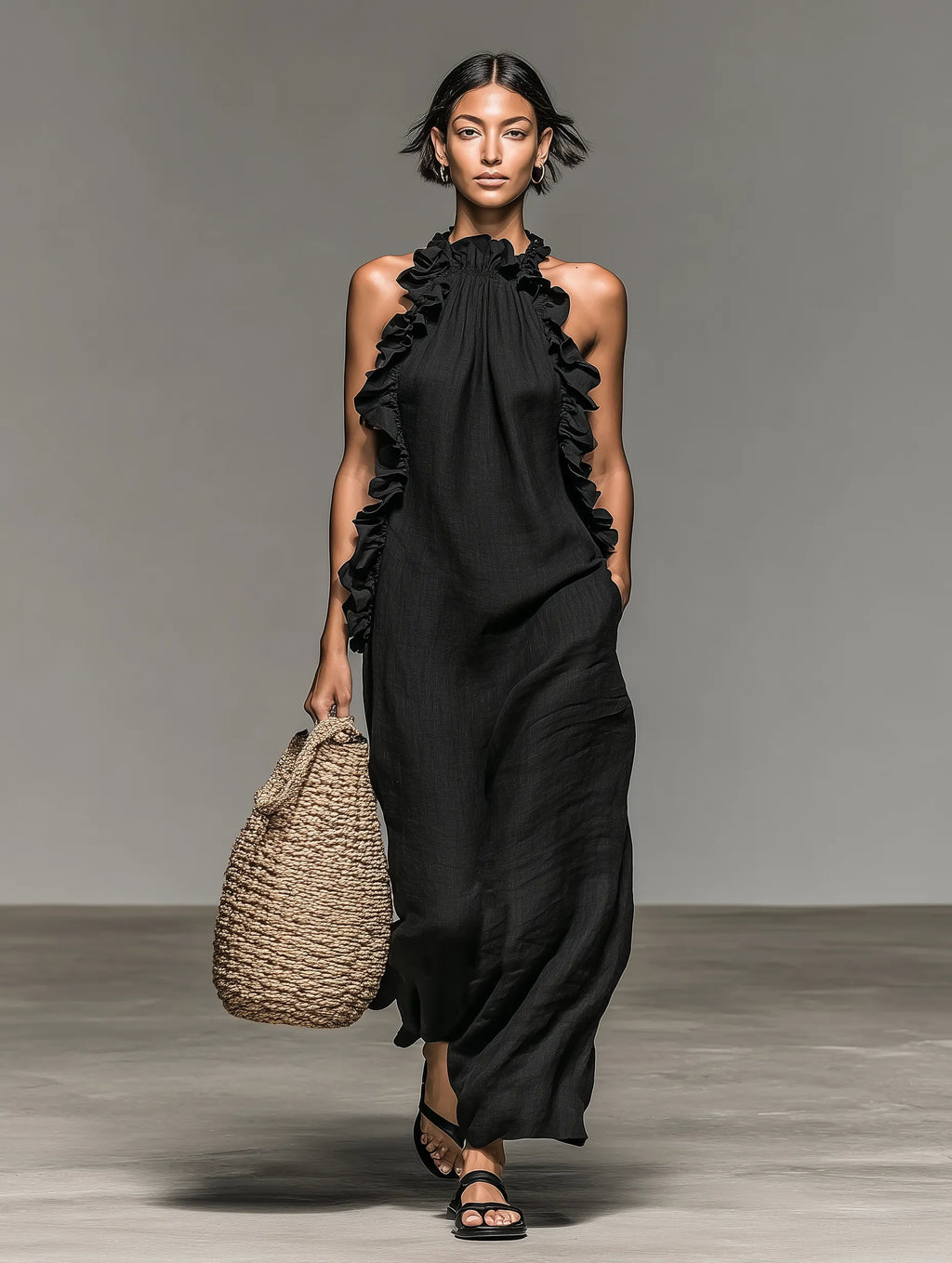 Women's Minimalist Linen-blend Sleeveless Maxi Dress With Ruffle Details MDZ1622A0Y