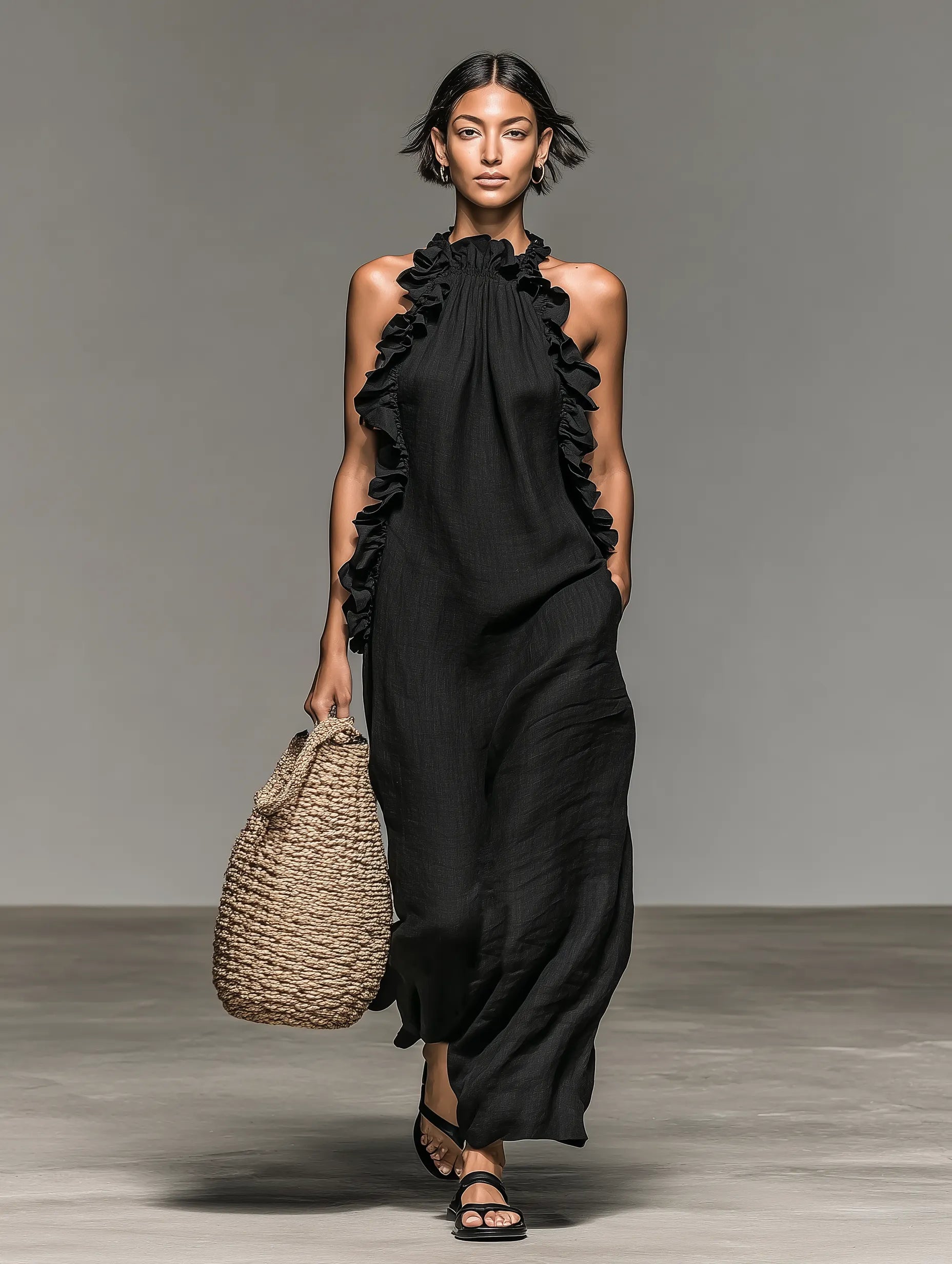 Women's Minimalist Linen-blend Sleeveless Maxi Dress With Ruffle Details MDZ1622A0Y
