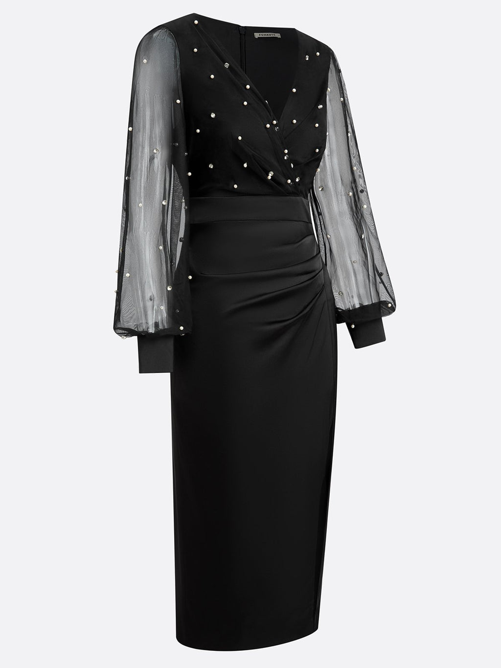 Black Beaded Slit Satin V Neck Long Sleeve Balloon Sleeve Sheath Midi Dress
