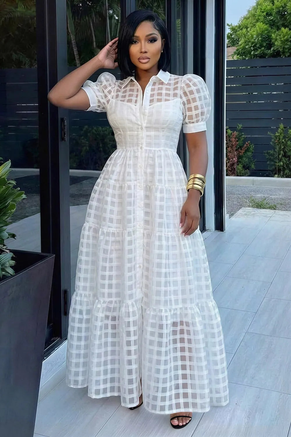 Turndown Collar Puff Sleeve Plaid A-Line Maxi Dresses-White