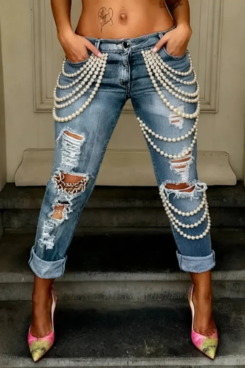 Women's Casual Pearl Embellished Skinny Jeans