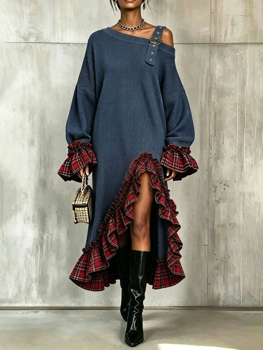 Chic Buckle Strap Plaid Ruffles Patchwork Knit Midi Dress