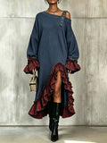 Chic Buckle Strap Plaid Ruffles Patchwork Knit Midi Dress