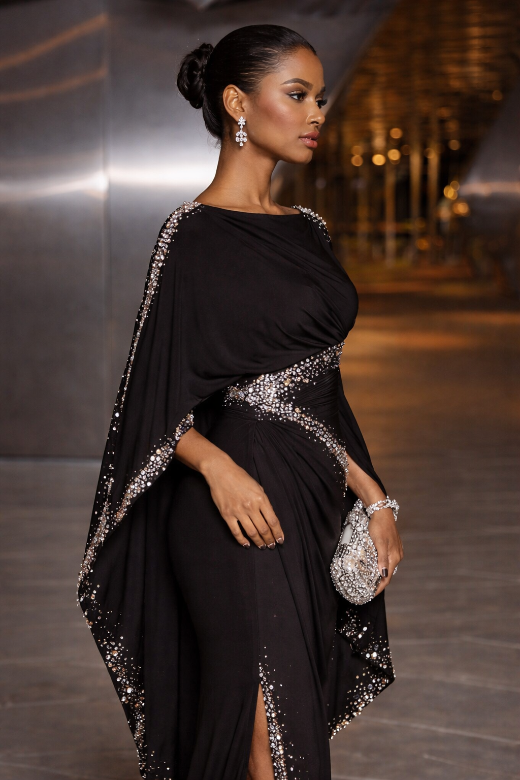 Black Rhinestone Embellished Cape Sleeve High Slit Maxi Evening Dress