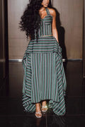 Women's Vintage Striped Halter Neck Asymmetric Maxi Dress
