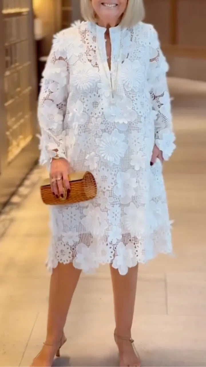 White 3D Floral Lace Midi Dress