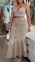 Crop Halter Top & Mermaid Denim Maxi Skirt Two Piece Set