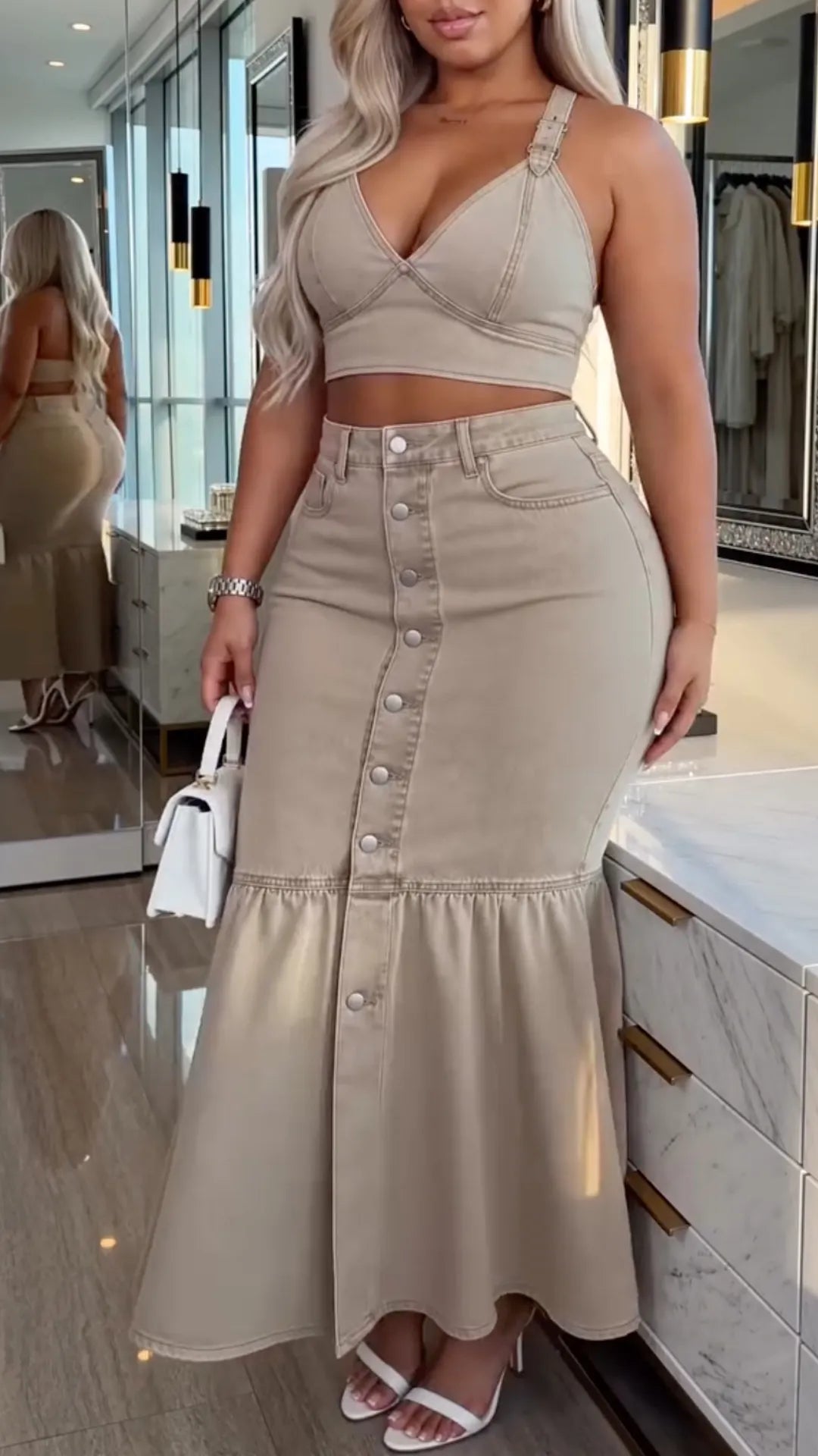 Crop Halter Top & Mermaid Denim Maxi Skirt Two Piece Set