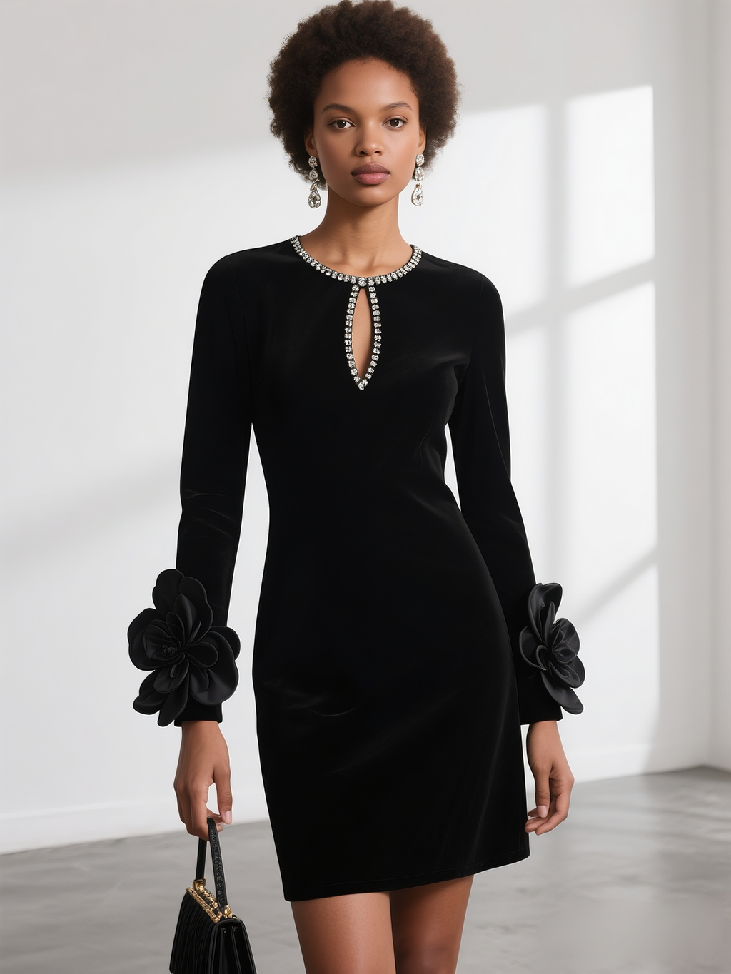 Black 3D Floral Rhinestone Velvet Crew Neck Long Sleeve Sheath Mini Dress