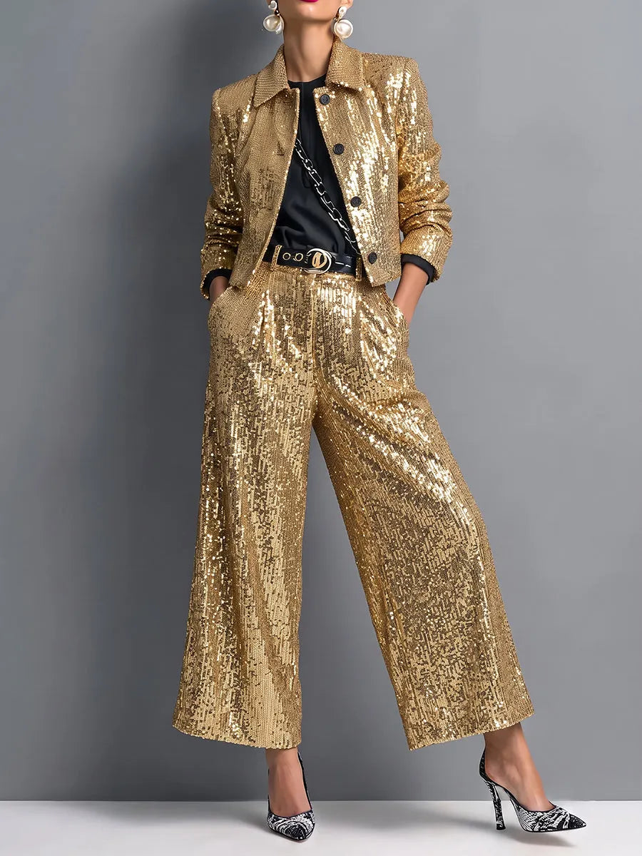 Chic Gold Sequin Sparkle Crop Jacket