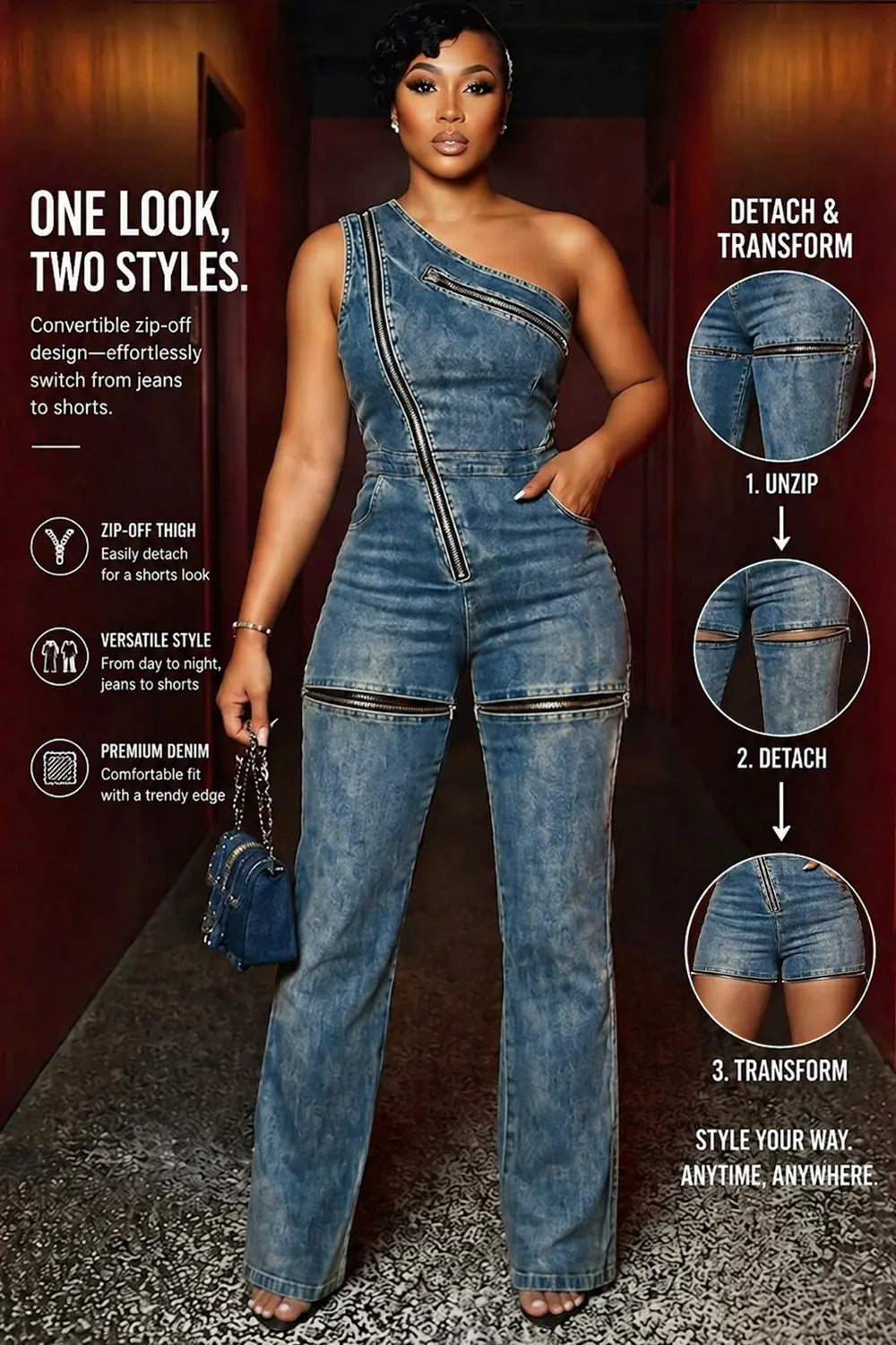 Denim One Shoulder Detachable Zip-Off Slim Fit Jumpsuit-Blue