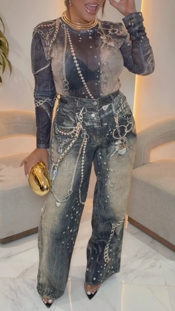 Mesh Top & Printed Denim Pants Outfit