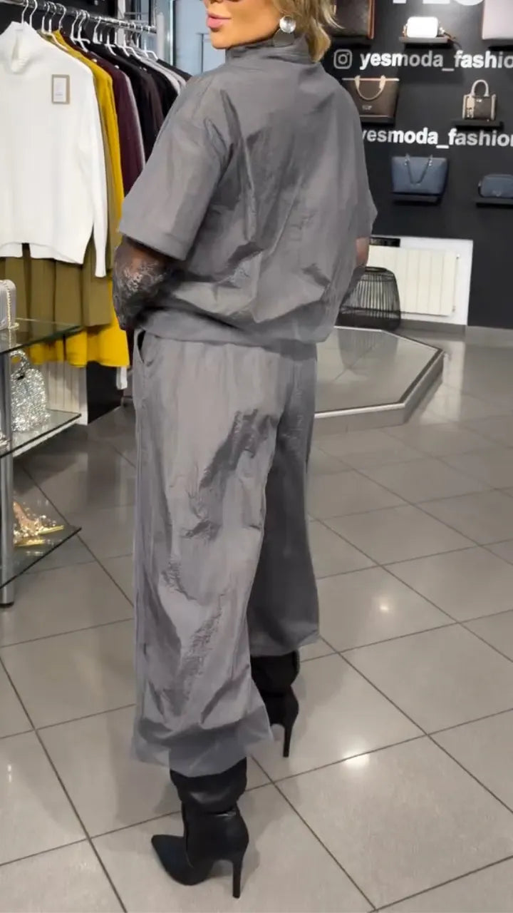 Grey Zip‑Up Casual Tracksuit Two‑Piece Outfit