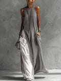 Gray and White Color-block Sleeveless Halter-neck Wide-leg Maxi Dress