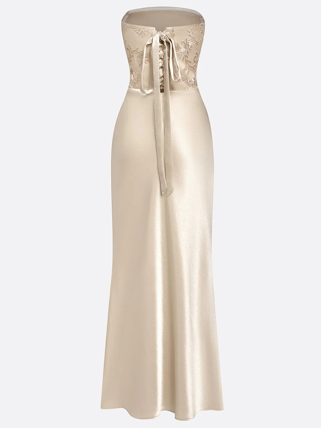 Champagne Lace Jacquard Satin Strapless Sleeveless Mermaid Gown Dress