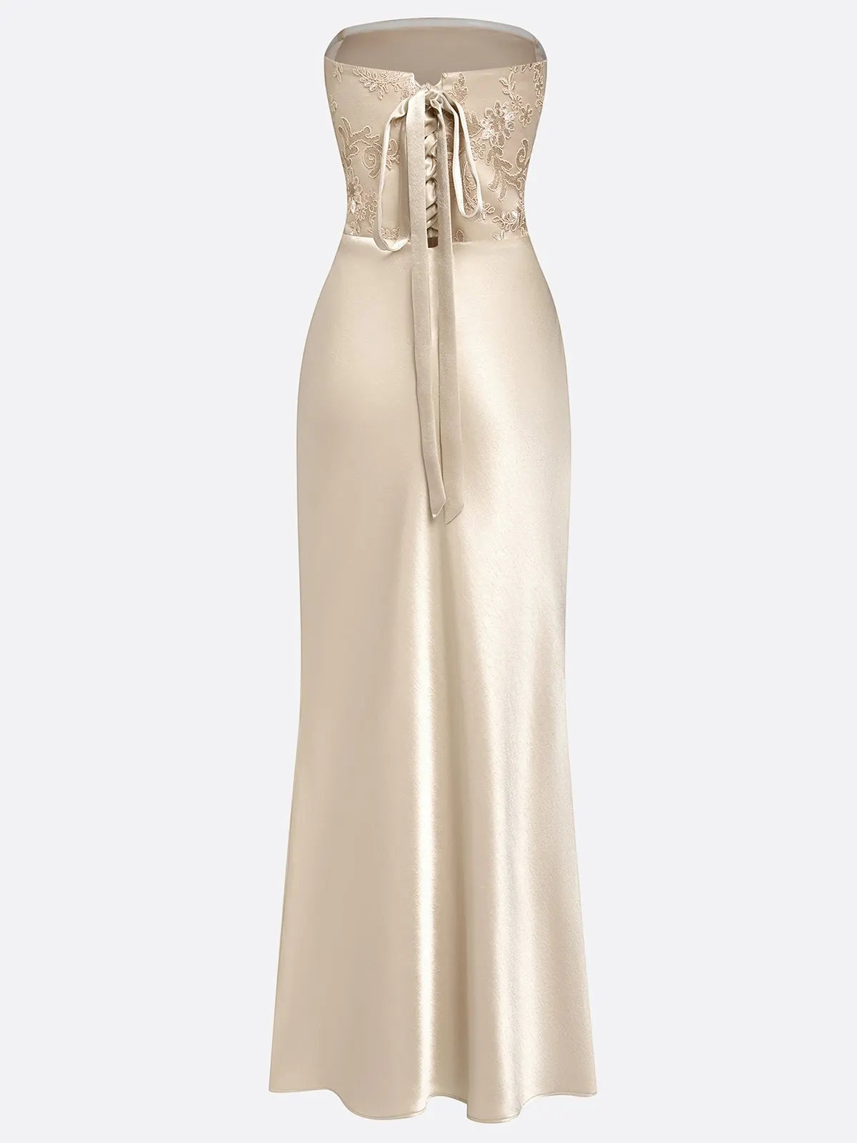 Champagne Lace Jacquard Satin Strapless Sleeveless Mermaid Gown Dress