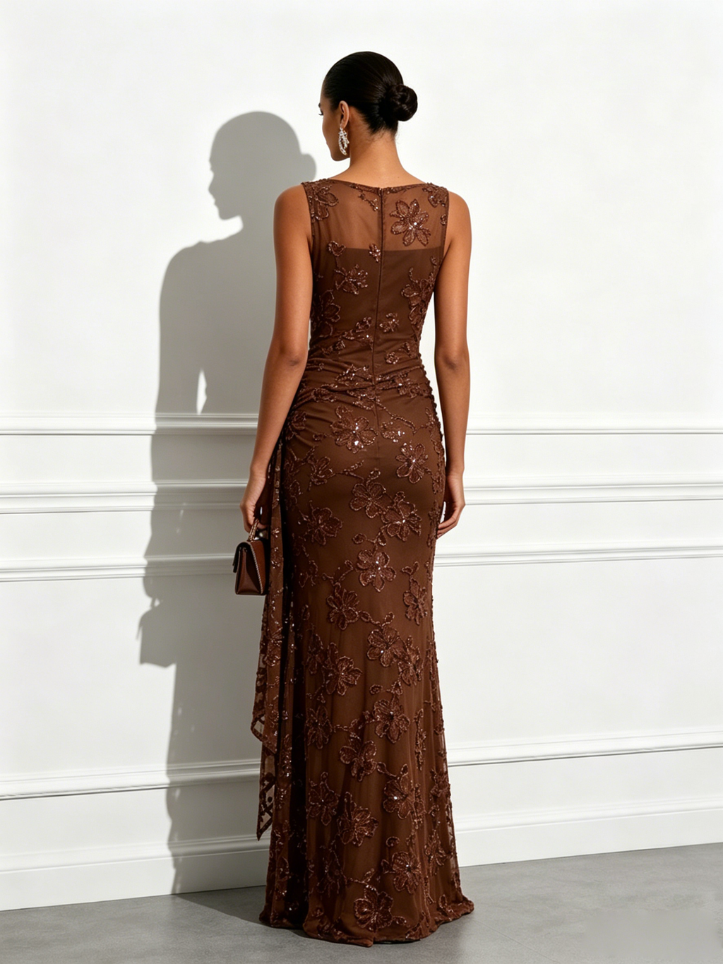 Brown Jacquard Classic Boat Neck Sleeveless Sheath Floor-length Gown Dress