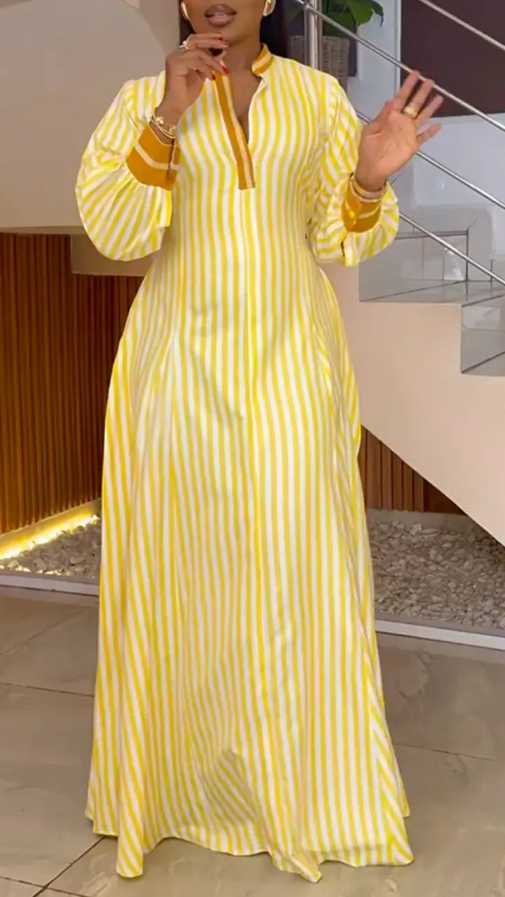 Stripe Stand Collar Long Maxi Kaftan Dress