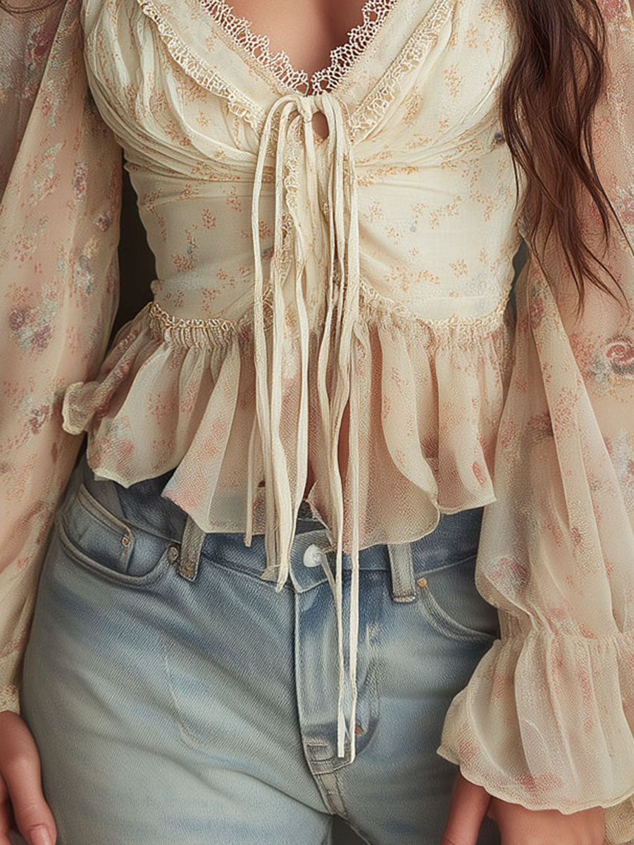 Boho Ruffled V-Neck Floral Chiffon Blouse With Tie Front