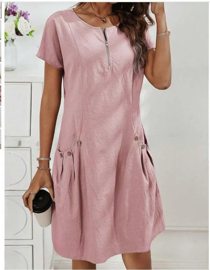 Zipper Pocket Cotton Linen Dress