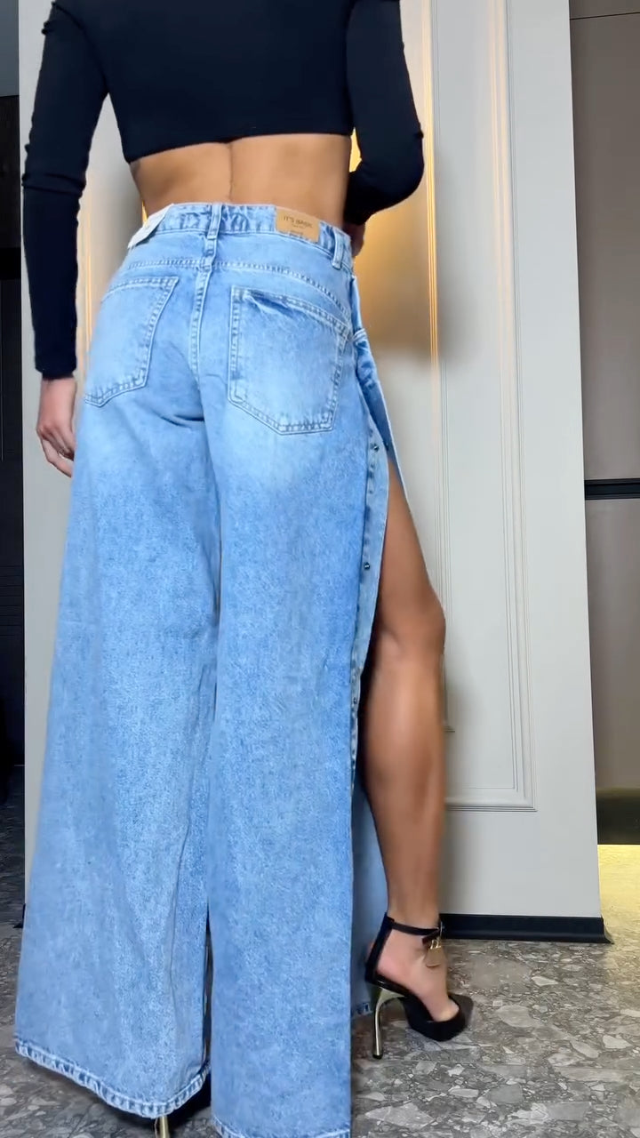 Side Button Wide Leg Denim Jeans