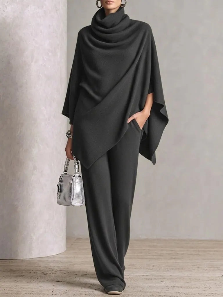 Two-piece Set Featuring A High-neck Cape-style Top And Wide-leg Trousers