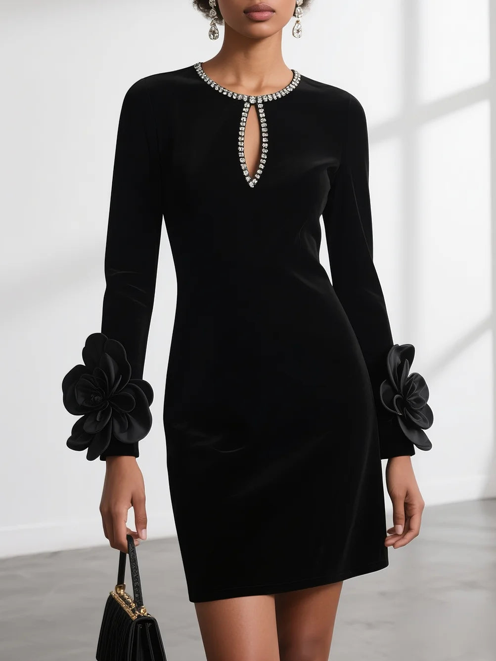 Black 3D Floral Rhinestone Velvet Crew Neck Long Sleeve Sheath Mini Dress