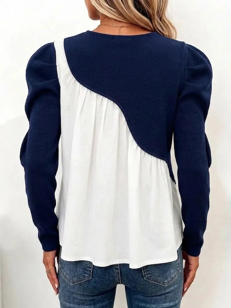 Knit And Pleated Chiffon Top With An Asymmetric Hem