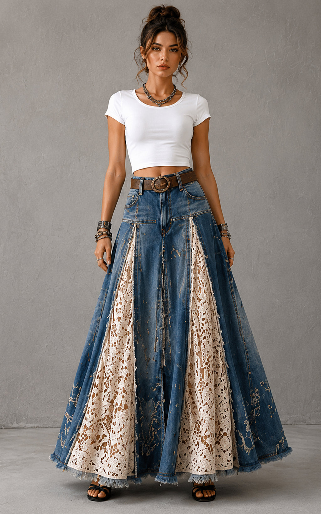 Vintage Denim Crochet Lace Panel Maxi Skirt