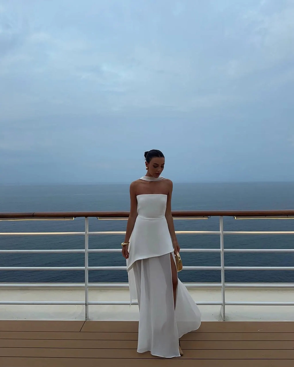 Cocoslly Strapless Split Holiday Summer Long Prom Dress With Scarf | White Satin And Chiffon ZT0604