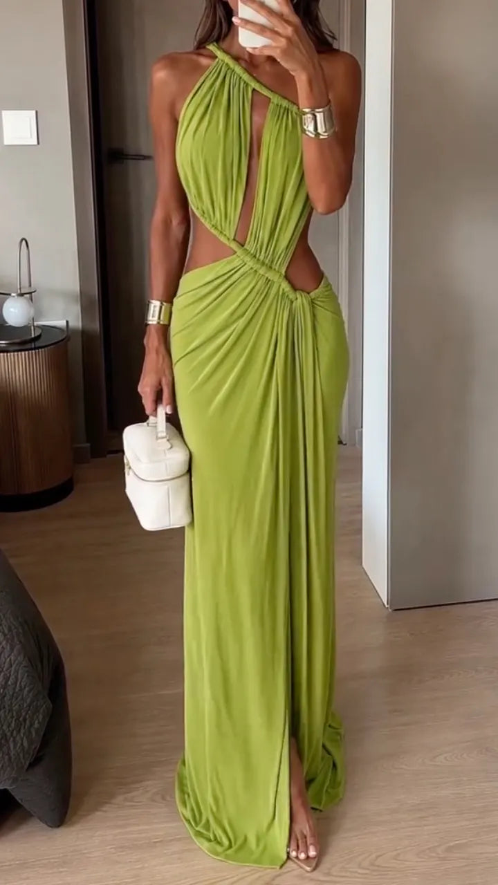 Green Halter Cutout Slit Maxi Dress