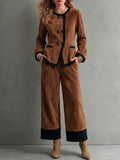 Women's Round Neck Long Sleeve Casual Loose Faux Suede Top And High Waist Wide Leg Pants Color Block Suit