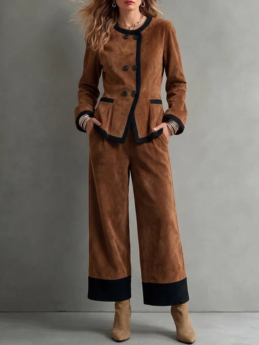 Women's Round Neck Long Sleeve Casual Loose Faux Suede Top And High Waist Wide Leg Pants Color Block Suit