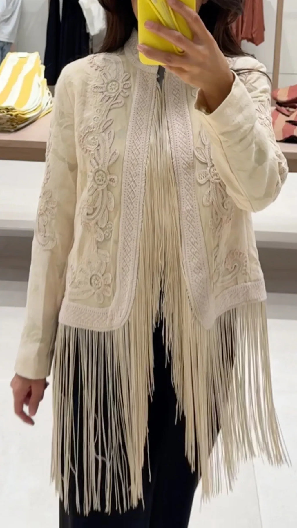 Cream Floral Embroidered Fringe Boho Jacket