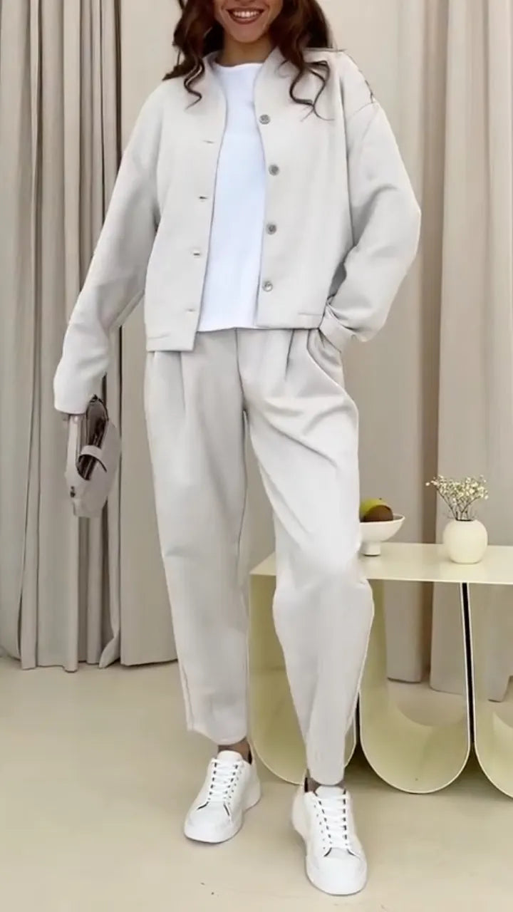 Beige Stand Collar Cropped Jacket & Pleated Ankle Pant Two Piece Suit