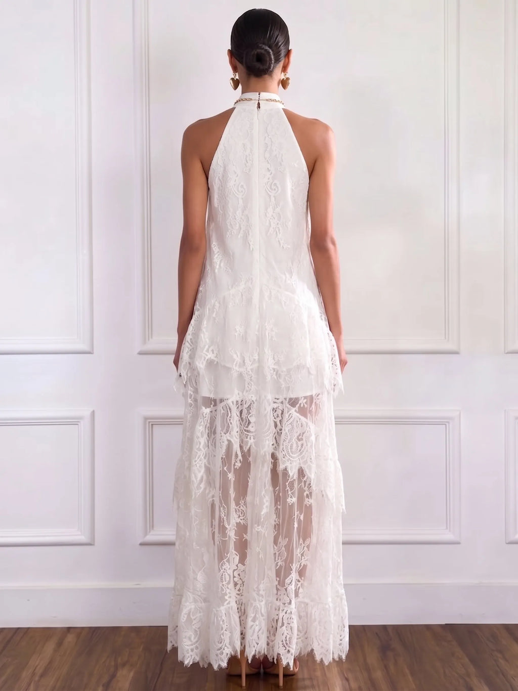 Stylish And Elegant White Lace Halter-neck Maxi Dress